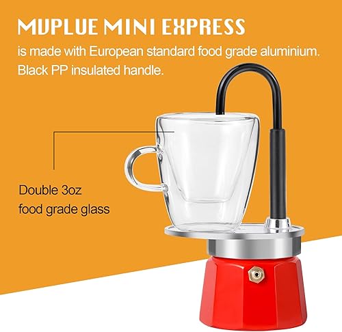 Miniatura 4 de -Mini Express Swiss Single Tube Moka Pot Aluminio Rojo, El juego Moka incluye una taza de doble pared de 3 onzas, disfruta de un delicioso café en