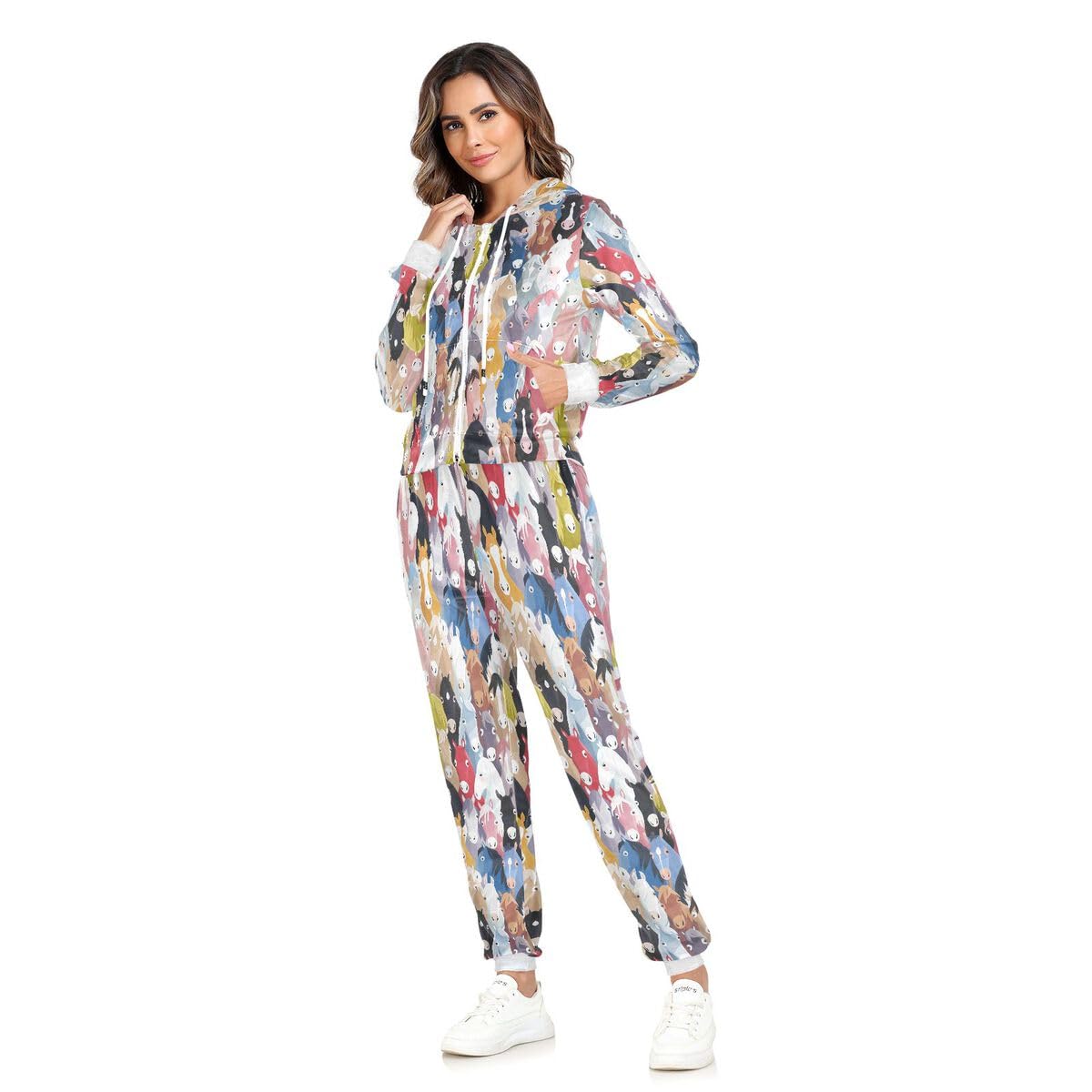 Conjunto deportivo de 2 piezas para mujer, diseño de caballos de dibujos animados, manga larga, conjunto deportivo de caballo lindo