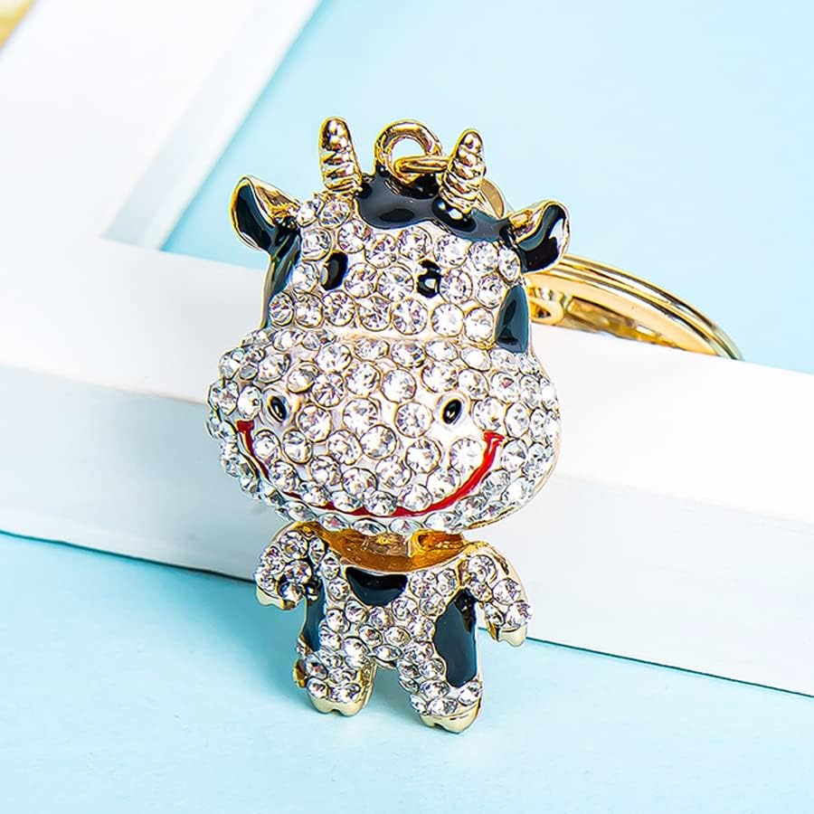 ARFUKA Keyring Animal Cow Pendant Keychain Rhinestone Crystal Key Holder Bag Pendant Key Chain Women Gift for Birthday Christmas Festival Black - Image 3