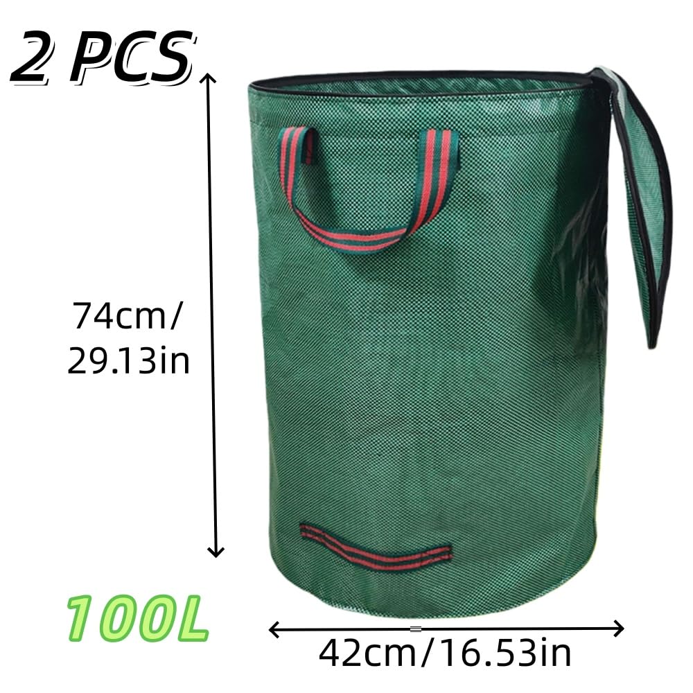 2 sacco foglie con coperchio,100 L sacchi giardinaggio, Ispessito sacco per erba, sacchi riutilizzabili giardino, Impermeabili sacco potatura, contenitore rifiuti giardino pieghevole con 4 manici