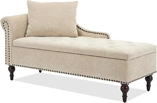 SofthionDesign 56.6" Wide Indoor Chaise Lounge with Storage, Chenille Upholstered Nailhead Trim, Left Armrest & Pillow, Brown
