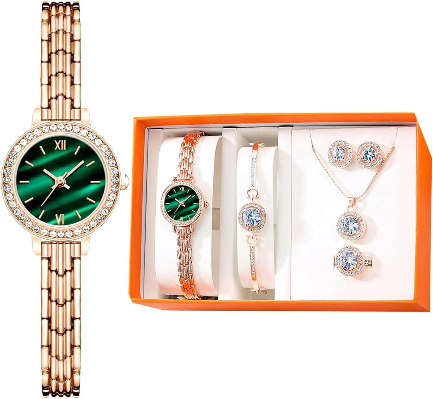 Excefore Premium Crystal Womens Watches Gifts Set with Diamond Decorated Bracelet Necklace Ring Earrings Luxury Fashion Jewellery Green Jade Quartz Wrist Womens Watch Rose Gold 5Pcs/Set