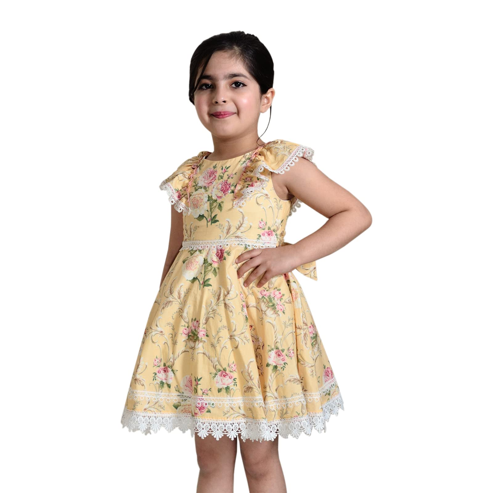 Anna Maria Girl's Frock in Yellow Colour with Flower Embellishment and Belt On Waist|Any Occasion|Cotton|Dress