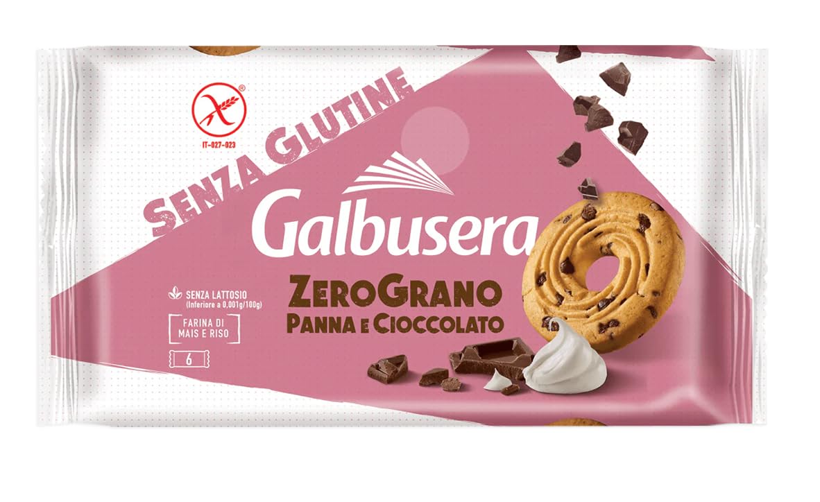Galbusera ZeroGrano Frollini con Panna e Gocce di Cioccolato, Senza Glutine e Lattosio (Gluten & Lactose Free) 220g [CAIYA® BOX da 8 Confezioni]