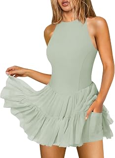 Women's Flowy Pleated Ruffle Tennis Athletic Dress for Women Summer Boat Neck Sleeveless Mini Golf Dress Shorts Pockets