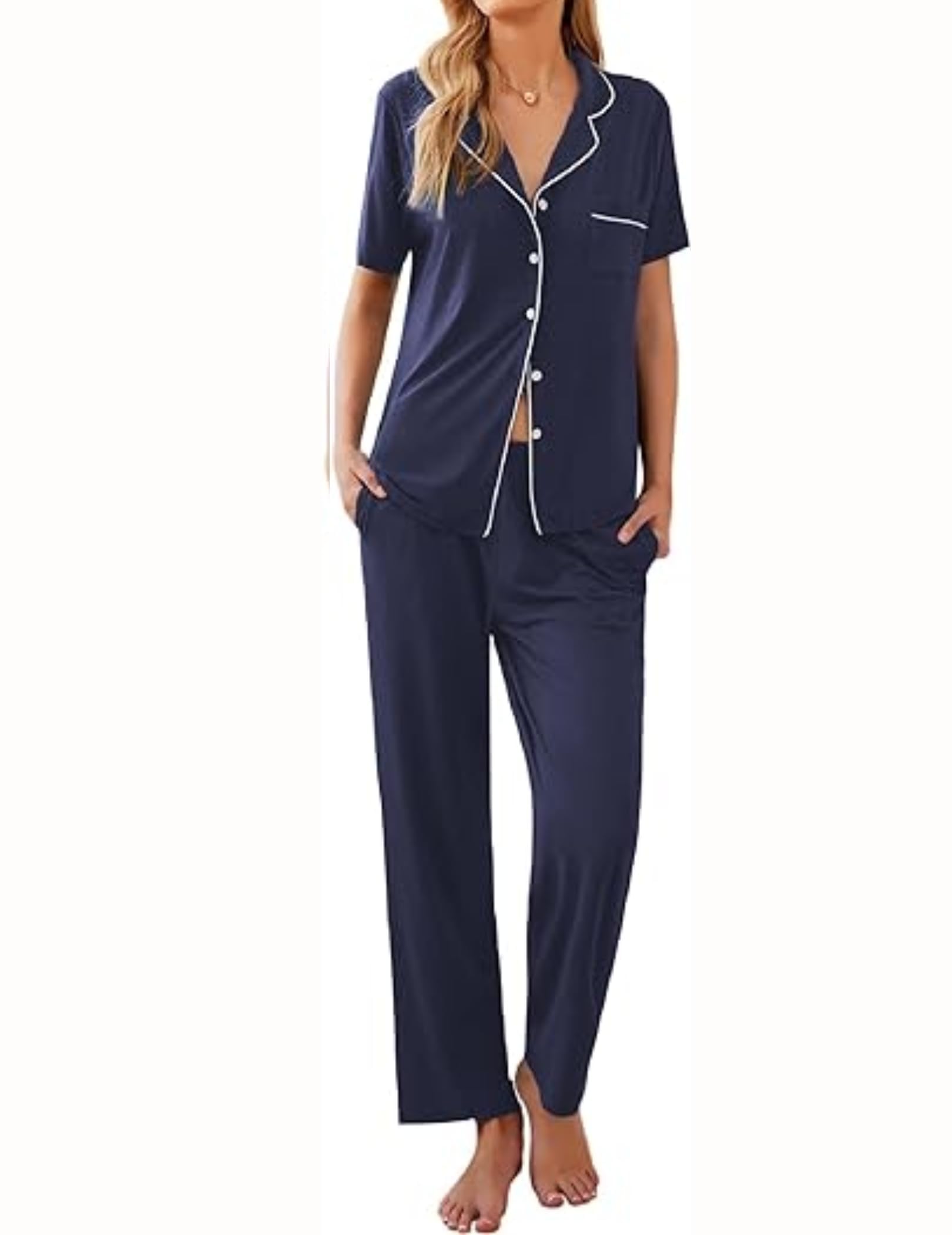 Ekouaer Womens Pajamas Set Button Down PJs 2 Piece Lounge Set Soft Nightwear Short Sleeve Sleepwear with Pockets