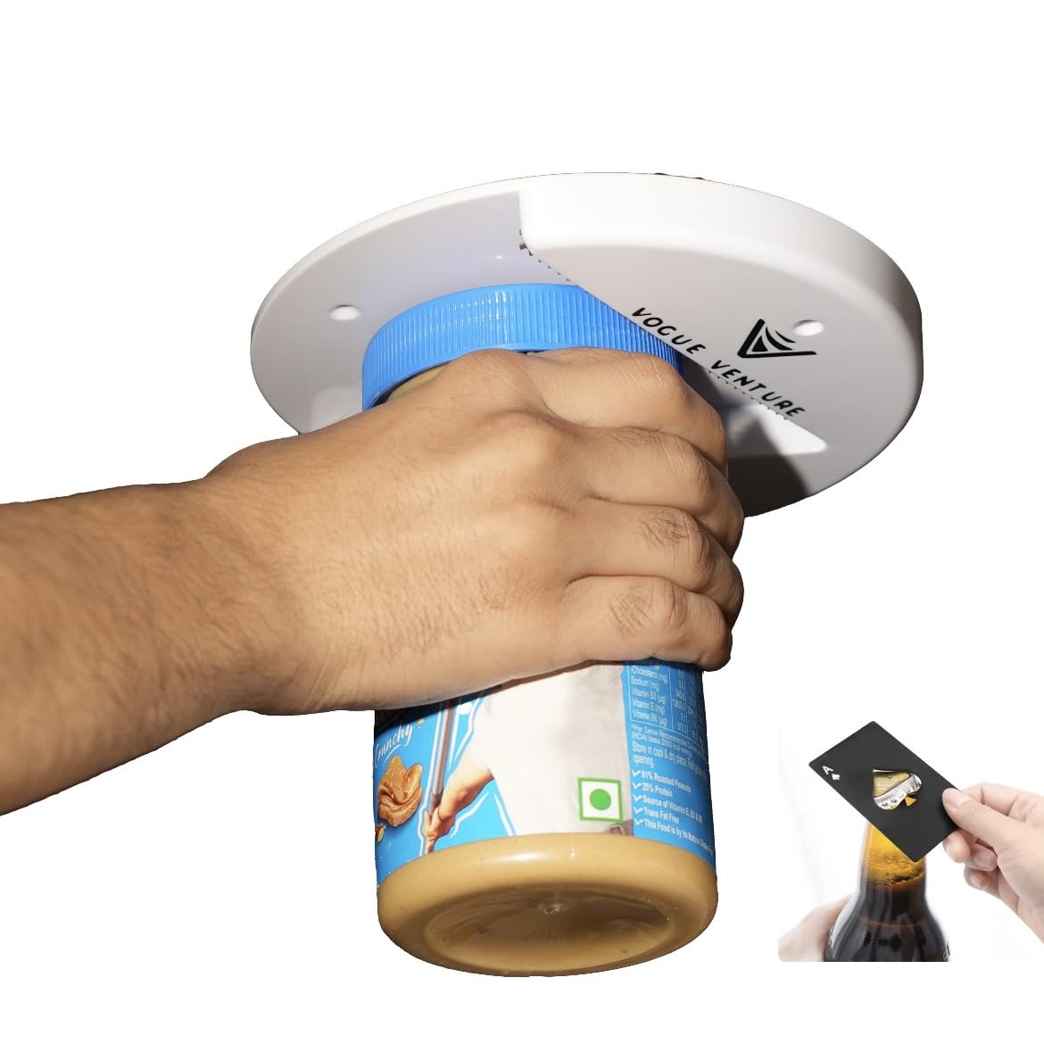 Vogue Venture Jar Opener for seniors,seemlesly open any jar + 1 Ace Shape Bottle Opener - Sleek Stainless Steel Design