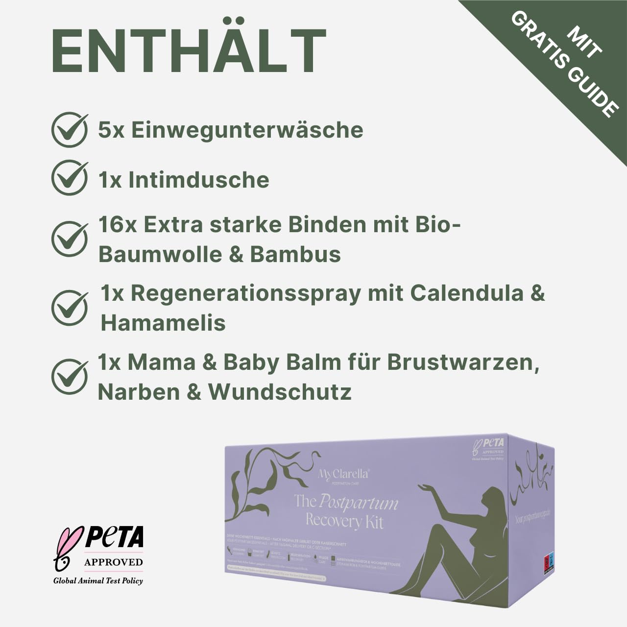 Wochenbett Geschenk Set | Pflegepaket für Neumamas nach der Geburt| Inkl. Einwegunterwäsche, extra starke Binden, Intimdusche, Brustwarzencreme, Regenerationsspray & Wochenbett Guide
