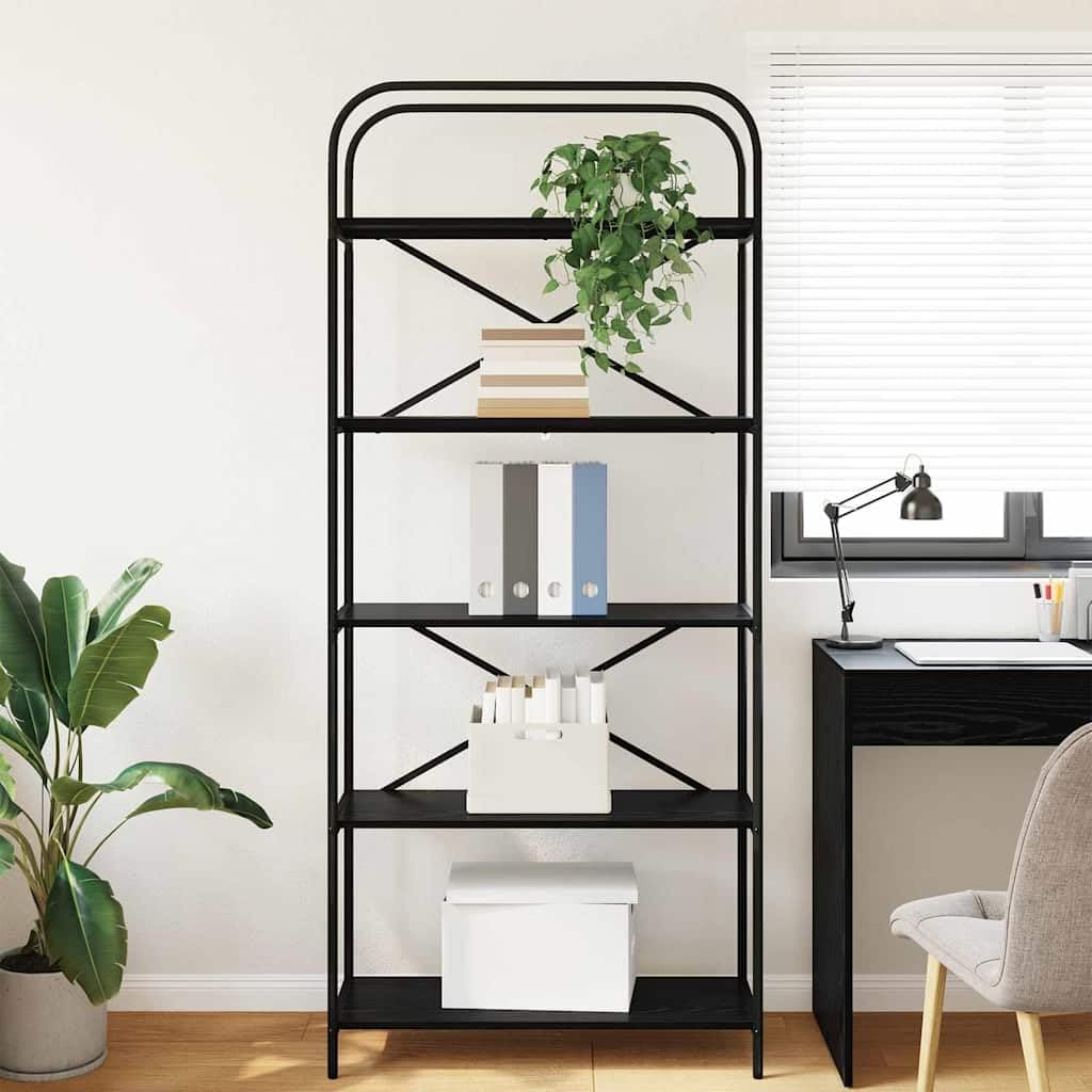 Bücherregal Schwarz Eichen-Optik aus Holzwerkstoff 80 x 30 x 183 cm mit 5 Regalen freistehend für Wohnzimmer Büro Arbeitszimmer platzsparend Stauraum Aktenordner und Deko