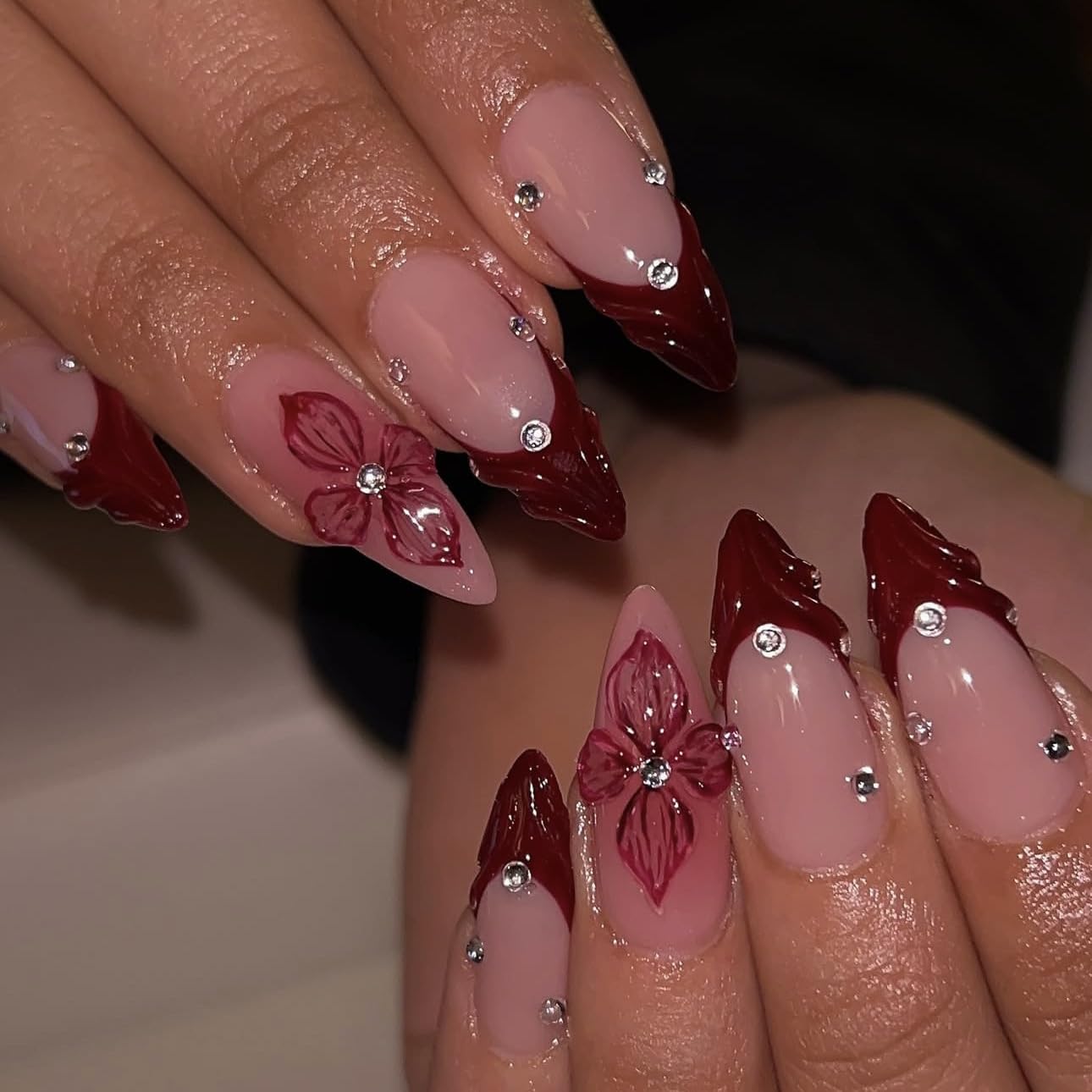 Red French Tip Fake Nails with 3D Flowers - Medium Almond