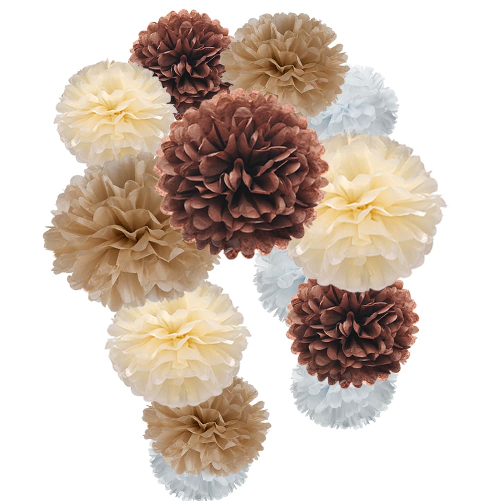 Brown Champagne Tan Ivory and White Tissue Paper Pom Poms Flower for Neutral Baby Shower Birthday Retirement New Year Party Decoration, 12pc
