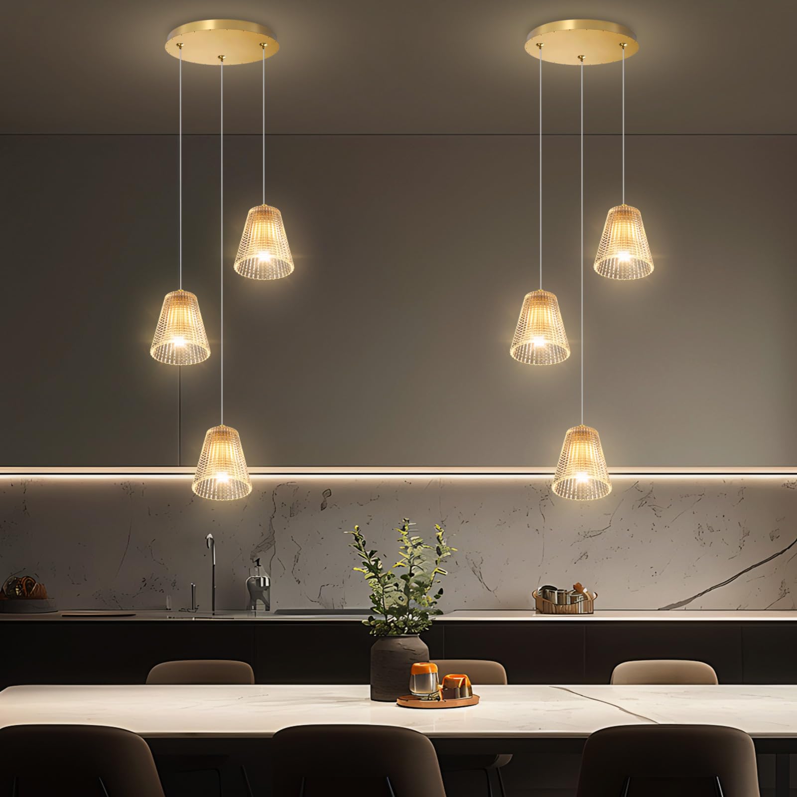 Photo 1 of 3-Light Modern LED Dimmable Chandelier Glass Pendant Light Adjustable Height Pendant Lights Fixtures for Kitchen Island Living Room Foyer Gold
