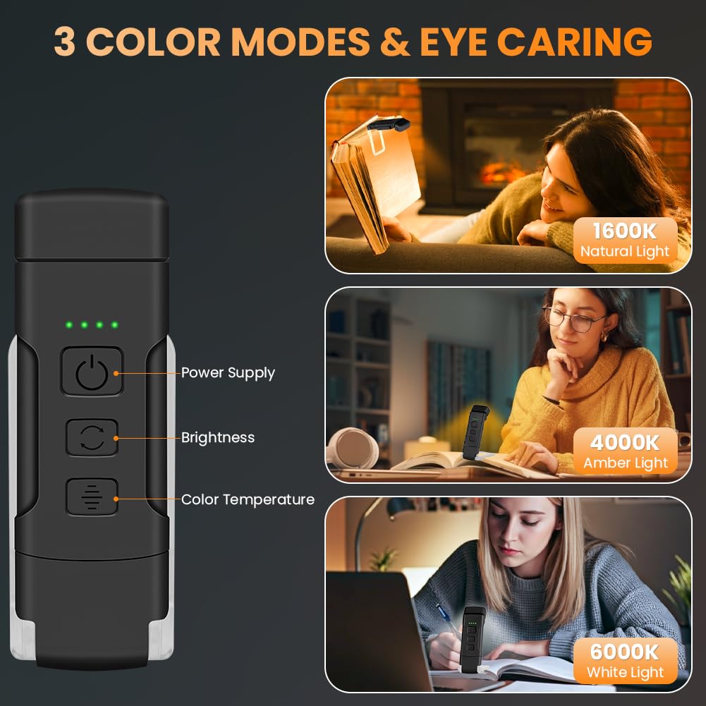 AMFUN Book Light Rechargeable,Eye Caring Reading Light Lamp Clip on Book, 3 Colors,5 Brightness & USB Rechargeable - Image 2