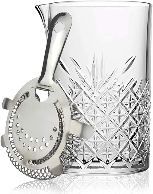 FLOW Barware 700 ml Cocktail Mixing Glass & Stainless Steel Hawthorne Strainer | Large Cocktail Mixing Jug Make 3 Cocktails in One | Stirring Glass & Silver Strainer