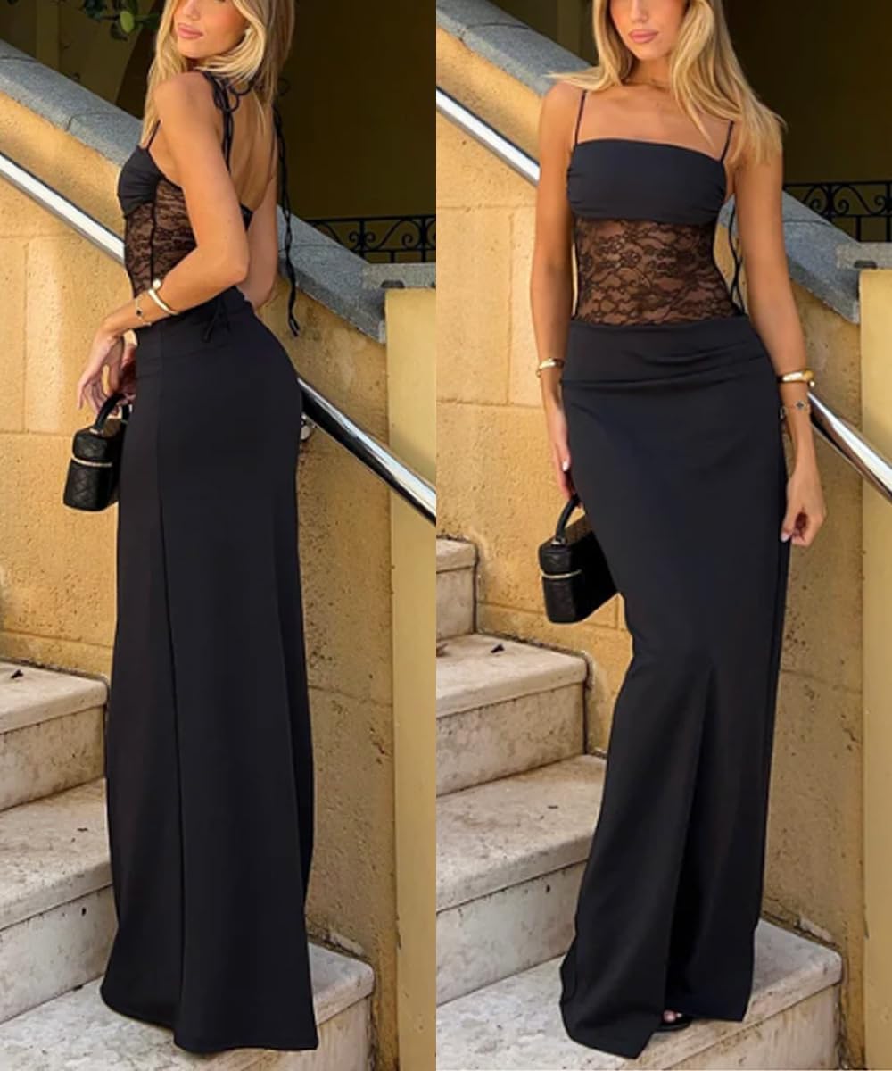 Women Sexy Lace Patchwork Maxi Dress Spaghetti Straps Y2K Sheer Long Bodycon Club Cocktail Long Dresses - Image 4