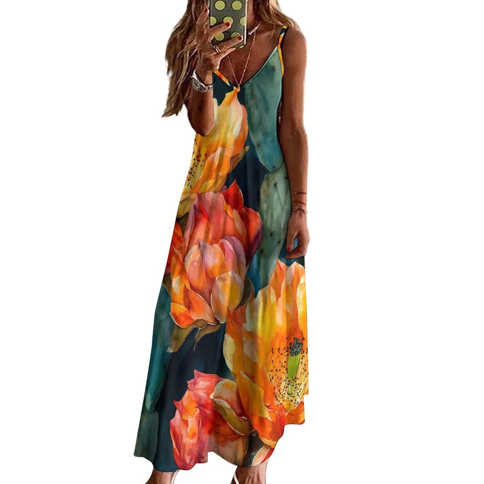 Vestido largo casual con estampado de flores de cactus naranja para mujer, con tirantes delgados ajustables, vestido de playa