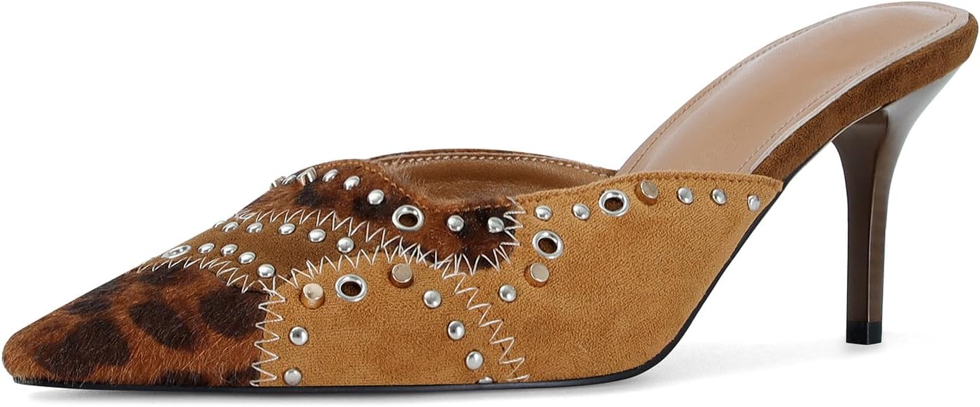 DOEYG Women Pointed Toe Bow Heels Mules Slip on Stiletto Heels Sandals Dress Party Wedding Studded Heels Pumps