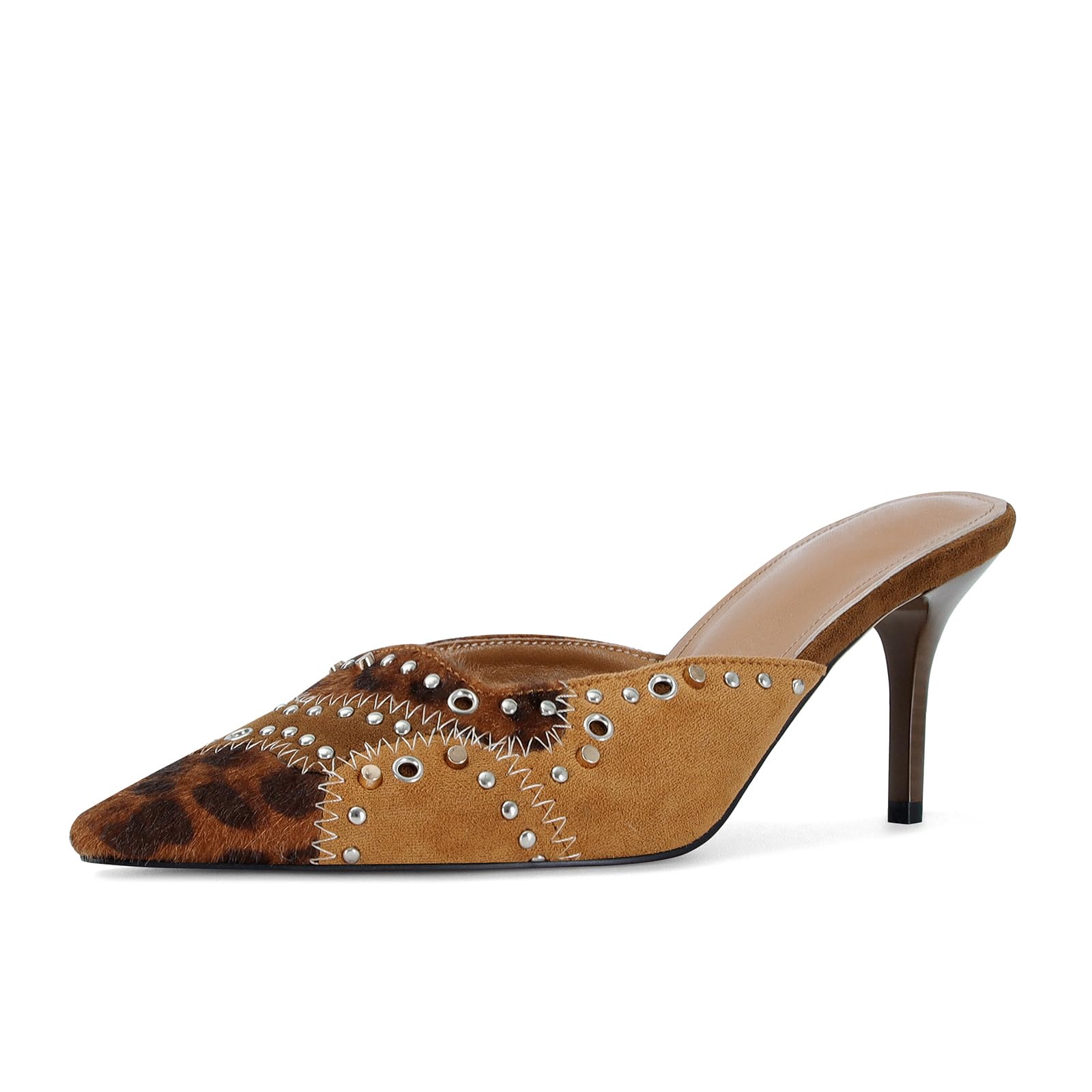 DOEYG Women Pointed Toe Bow Heels Mules Slip on Stiletto Heels Sandals Dress Party Wedding Studded Heels Pumps 6.5 C-leopard