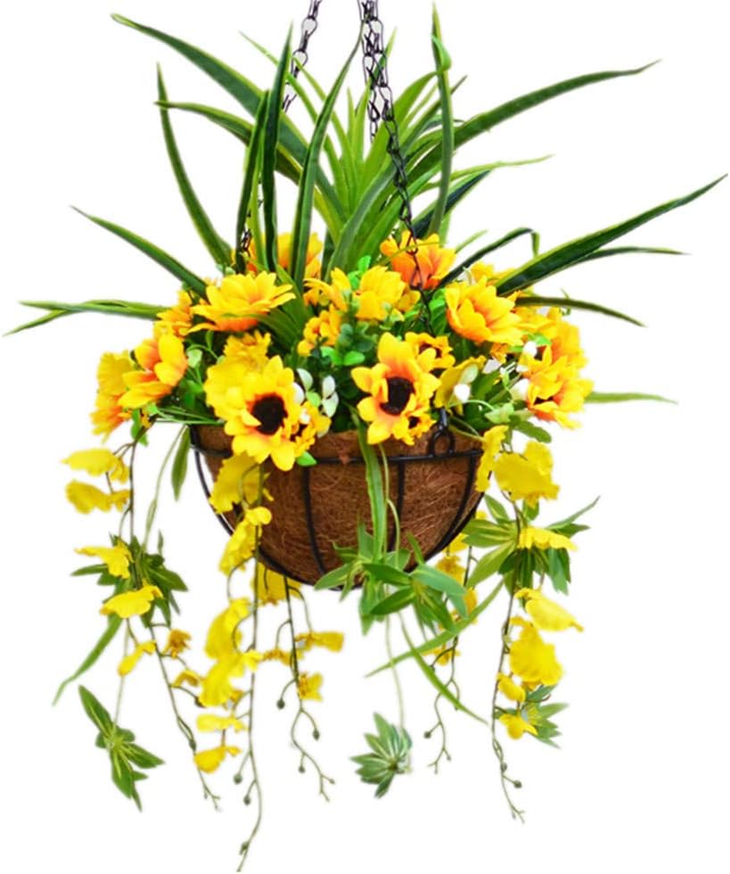 Full Assembled Set of Hanging Coco Basket with Chain Artificial Sunflowers and Artificial Plant for Balcony Home Decoration