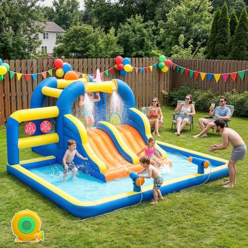 Ktaxon Inflatable Bounce House with Double Water Slide, Outdoor Inflatable Water Park Bouncy Castle w/Jumping Area, Splash Pool & Air Blower for Backyard, Lawn, Kids Age 3-8 (181'x181'x 86.7')