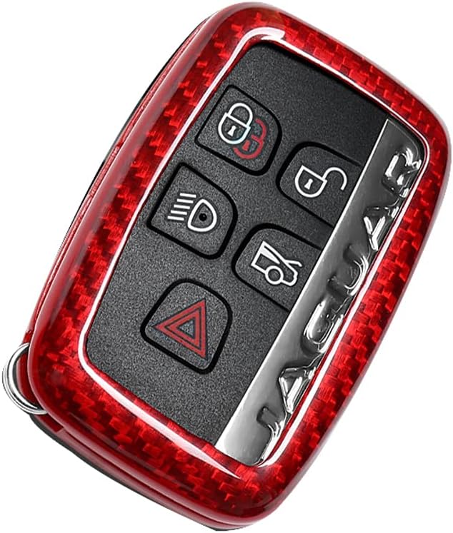 Red Real Carbon Fiber Finish Key Fob Cover Case Cover Case Compatible with Land Rover Sport Range Rover Evoque Velar Discovery LR4 / Jaguar XF XJ XE F-PACE F-Type Smart Remote (5-Buttons)