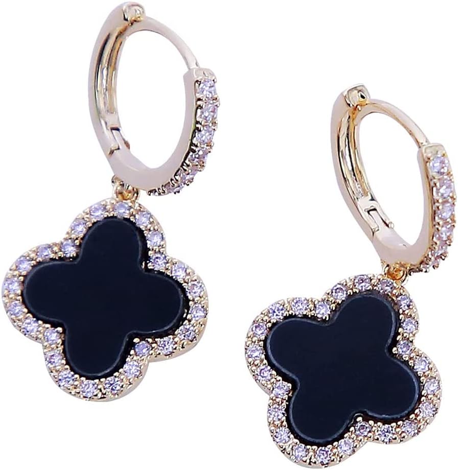 Gold Plated 925 Sterling Silver Gem Hoop Earrings Clover Designs with Crystal Charms Crystal Natural Gemstone Dangle Earrings for Women………