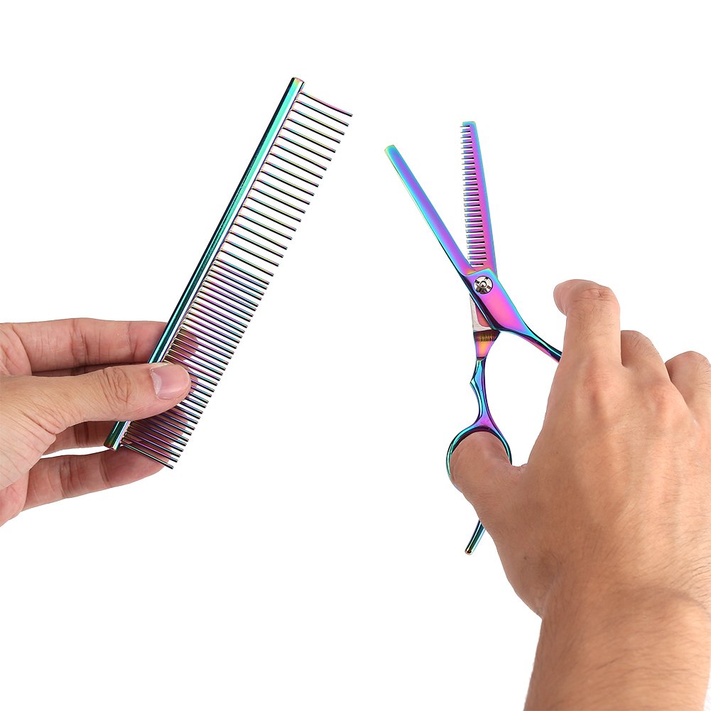 Oumefar 5 pièces en acier inoxydable Kit de tondeuse pour animaux de compagnie ciseaux de toilettage pour chien ciseaux de coiffure ensemble outils de coupe de cheveux pour couper l'amincissement