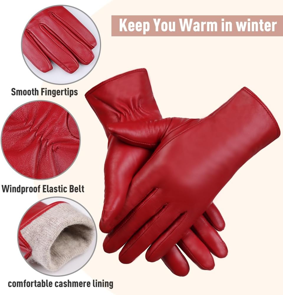 MGGMOKAY Women Leather Gloves Lambskin Touch Screen Winter Warm Gloves Cashmere Lined - Image 3