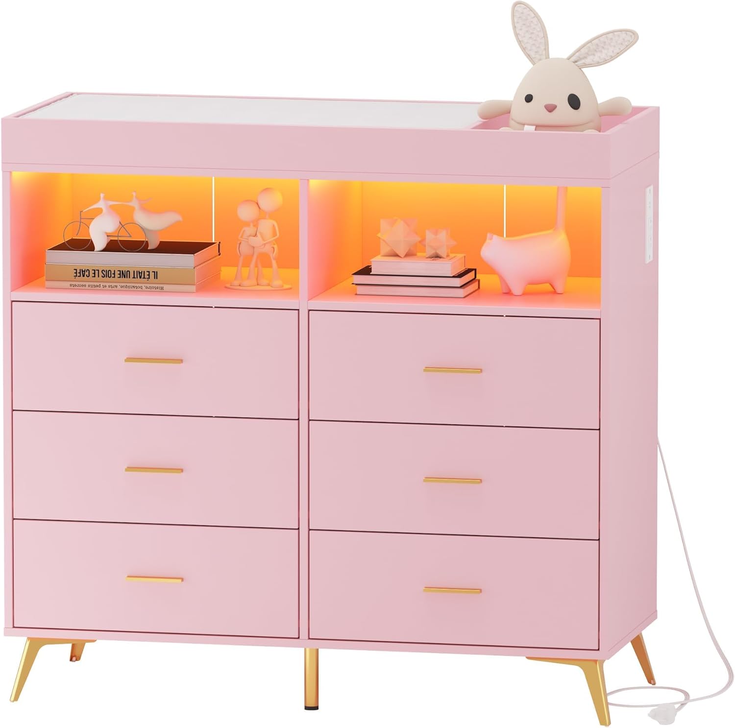 Baby Changing Table Dresser with 6 Drawers, Baby Nursery Dresser, LED Lights & Charging Station – Multifunctional Nursery Dresser with Removable Changing Top, Anti-Tip Design, Pink
