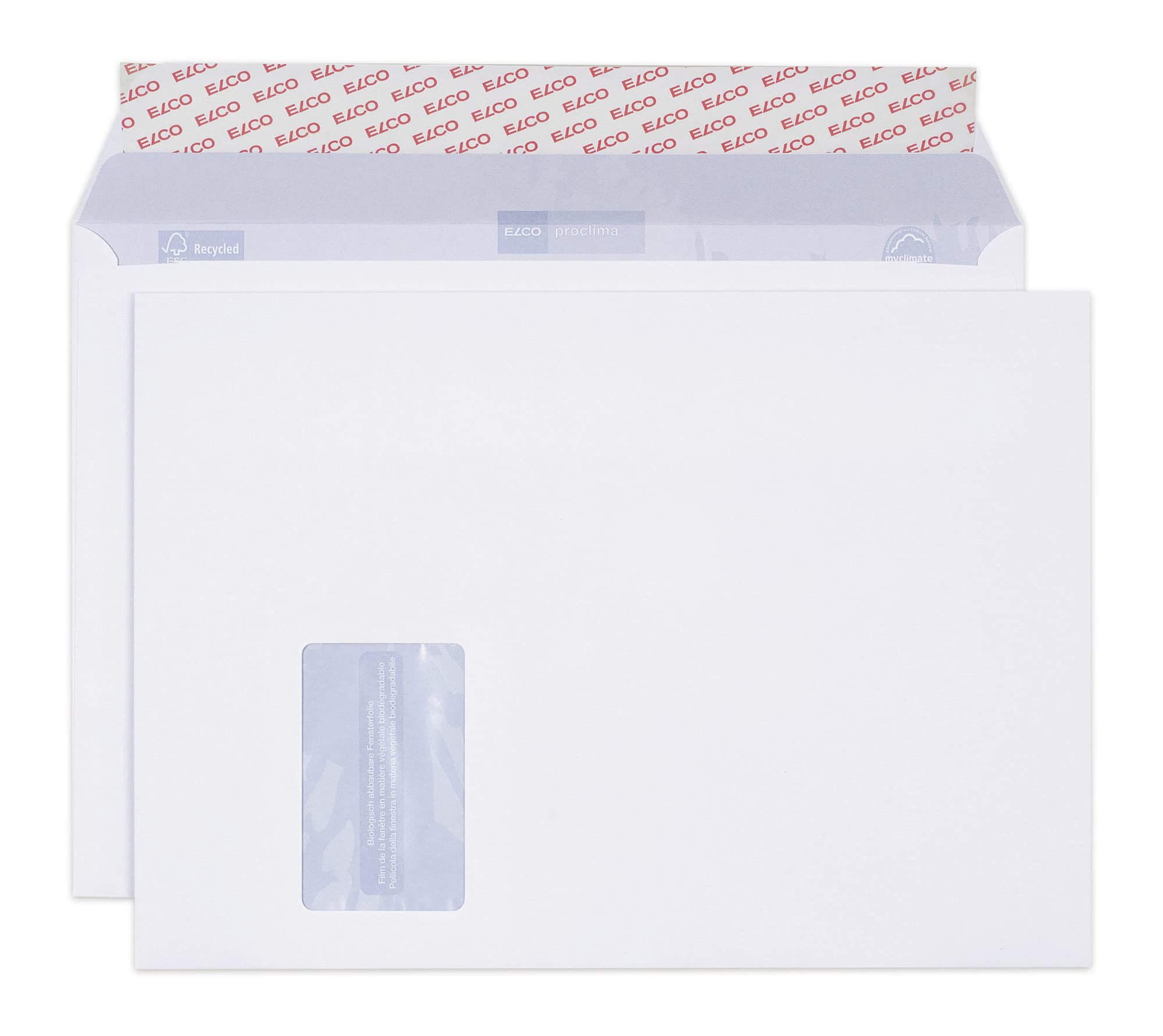Elco 38799 Proclima Box mit Deckel und 250 Briefumschläge/Versandtasche, Haftklebeverschluss, C4, 120g, weiss recycl., Fenster: ja