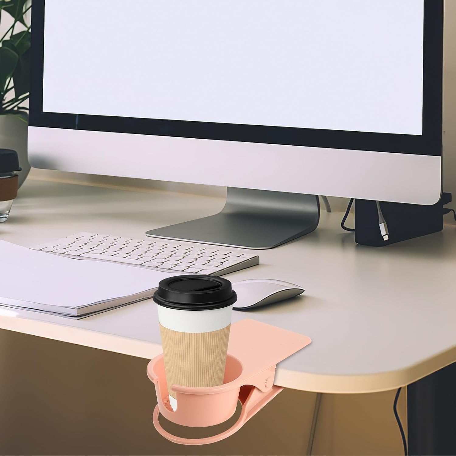 Clip on Cup Holder for Desk and Table Side Plastic Pink