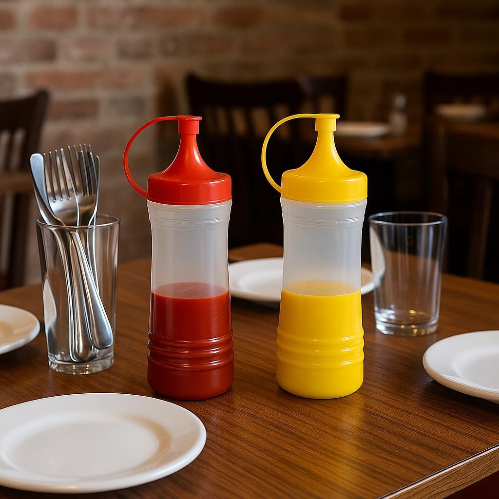 17 oz Squeeze Condiment Bottle Set – 2-Pack Mustard & Ketchup Dispensers by Dependable Industries – Snap Top, BPA-Free, Leak-Proof, Dishwasher Safe – Clear Plastic, Red & Yellow Caps