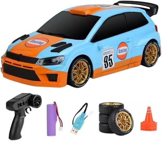 Ramokdu 1/24 Scale Drift RC Car VW Polo GT Style 4WD Remote Control Drift Car with LED Lights & Spray – 2.4G High Speed Re...
