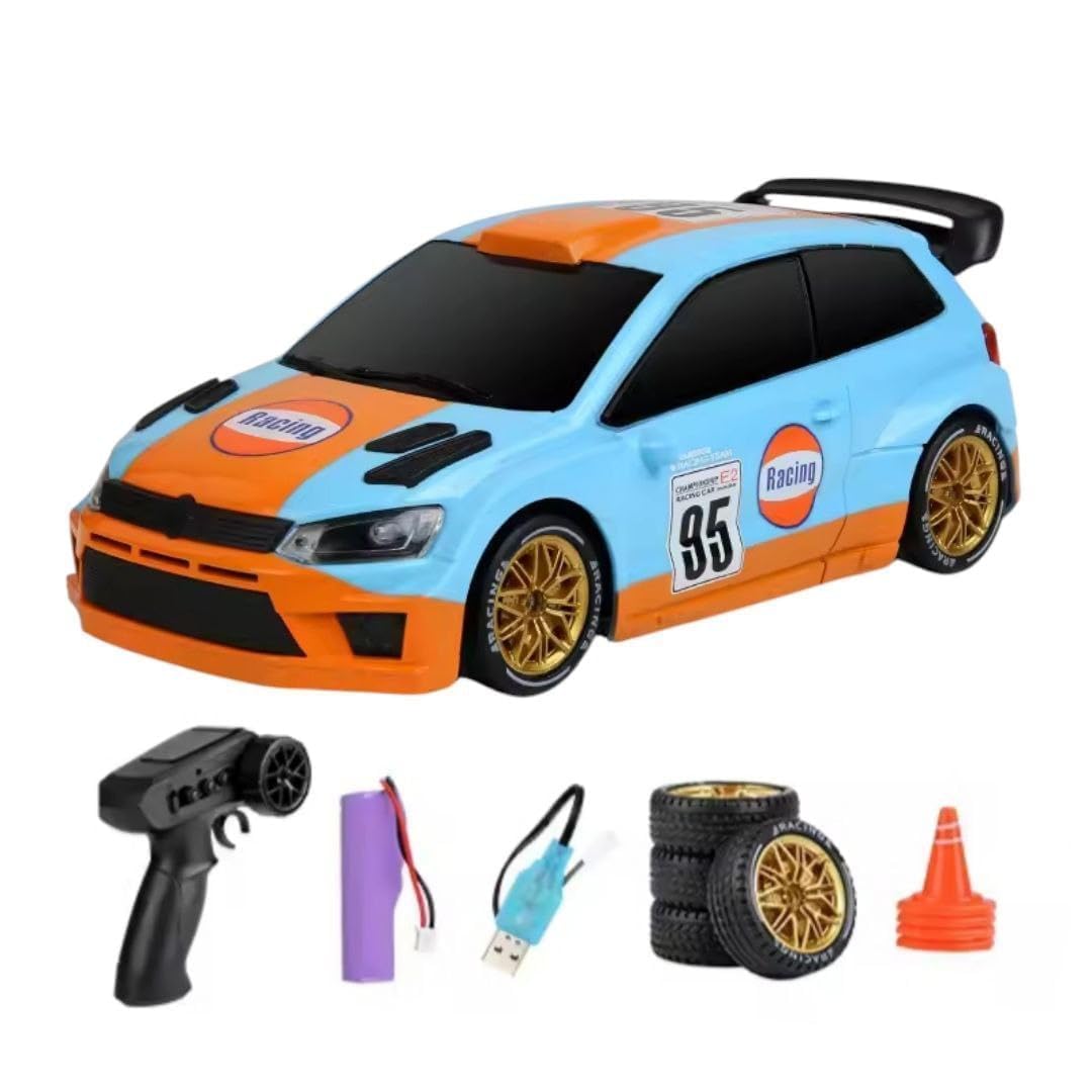 Ramokdu 1/24 Scale Drift RC Car VW Polo GT Style 4WD Remote Control Drift Car with LED Lights & Spray – 2.4G High Speed Re...