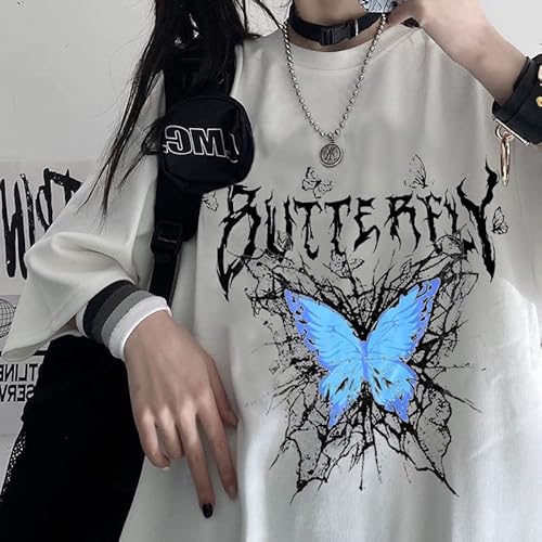 Meokim Gothic T-Shirt Round Neck T-Shirt Women Loose Dark Ins Harajuku Top Butterfly Print T-Shirt(Xxl,White) #TOP3