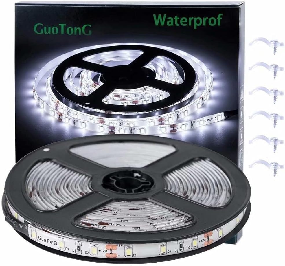White LED Strip Lights, Waterproof cuttable 300 SMD 2835 LED Tape, 6000K 12V 16.4ft/5m Flexible Ribbon, Kitchen Cabinet Lighting, Outdoor/Indoor (No Power Supply)