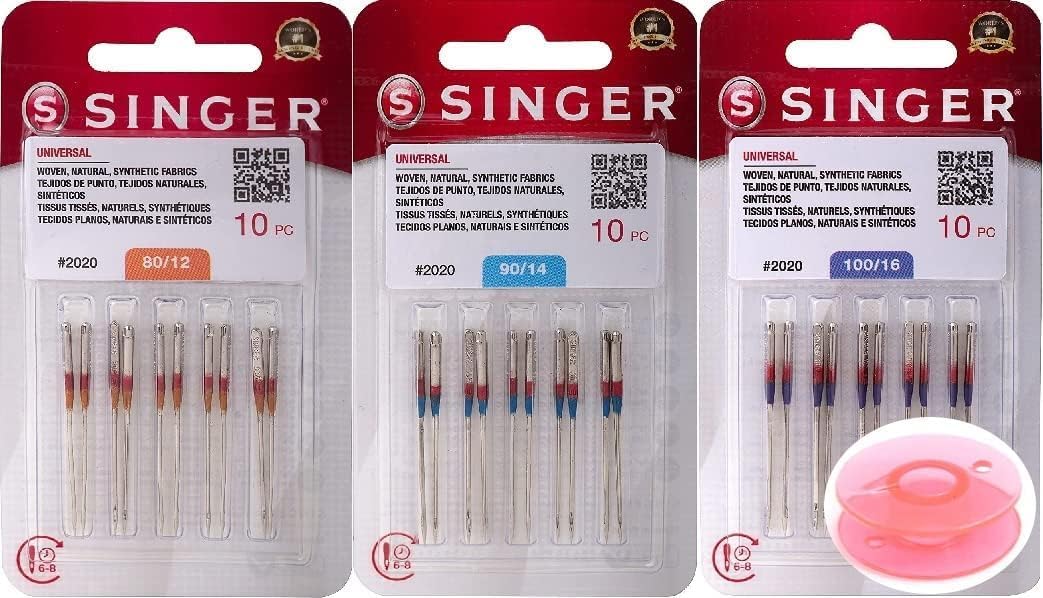 Inceler Supplies- Singer 30-Counts Universal 2020-12/14/16 no Sewing Machine Needles, Size 80/12 (10 Counts), 90/14 (10 Counts), 100/16 (10 Counts) Bundle with Inceler Plastic Bobbin