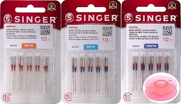 Inceler Supplies- Singer 30-Counts Universal 2020-12/14/16 no Sewing Machine Needles, Size 80/12 10 Counts, 90/14 10 Counts, 100/16 10 Counts Bundle with Inceler Plastic Bobbin