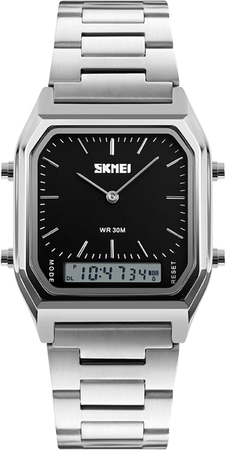 Gosasa Vintage Digital Sports Watch Dual Display Men's Women Water Resistant Outdoor Stainless Steel Band Electronic Square LED Back Light Multifunction Classic Wristwatch