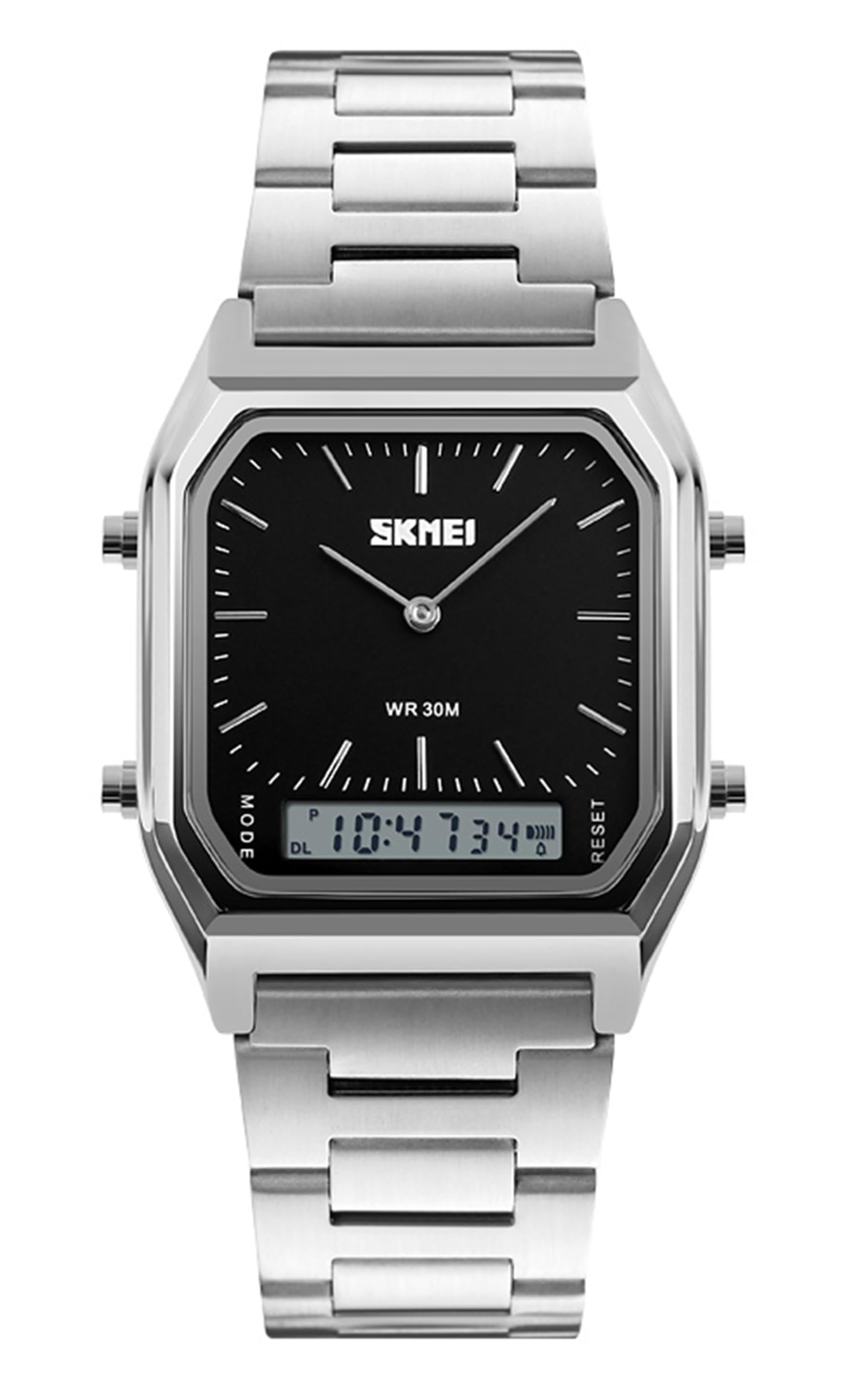 Gosasa women Men Square Multifunction Stopwatch Dual Display Wristwatches Stainless Steel Strap Analog Sports Watches