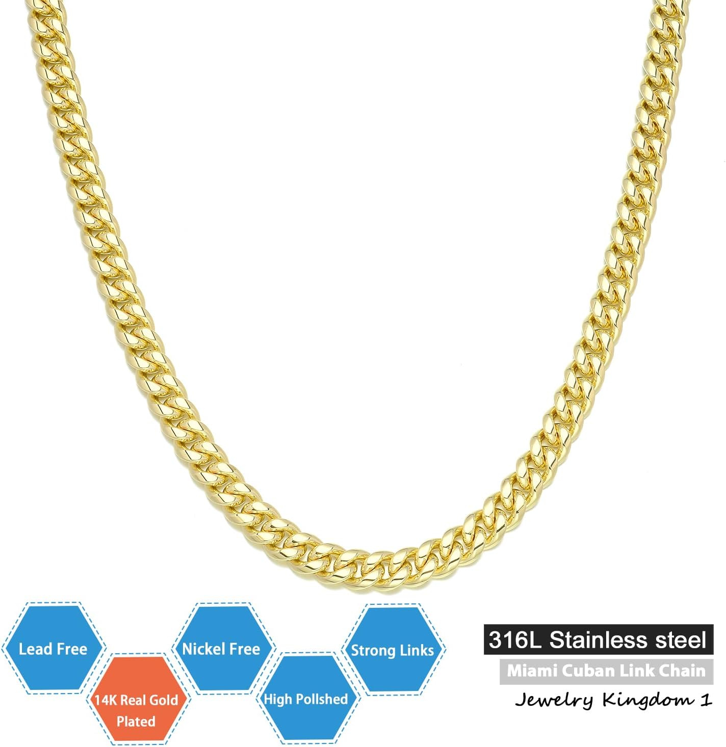 Jewelry Kingdom 1 Gold Chain Necklace Collection 14K Yellow Gold 6mm/10mm/14mm Cuban Link Chain Necklace with Design Quick Release Buckle Clasp for Men or Women