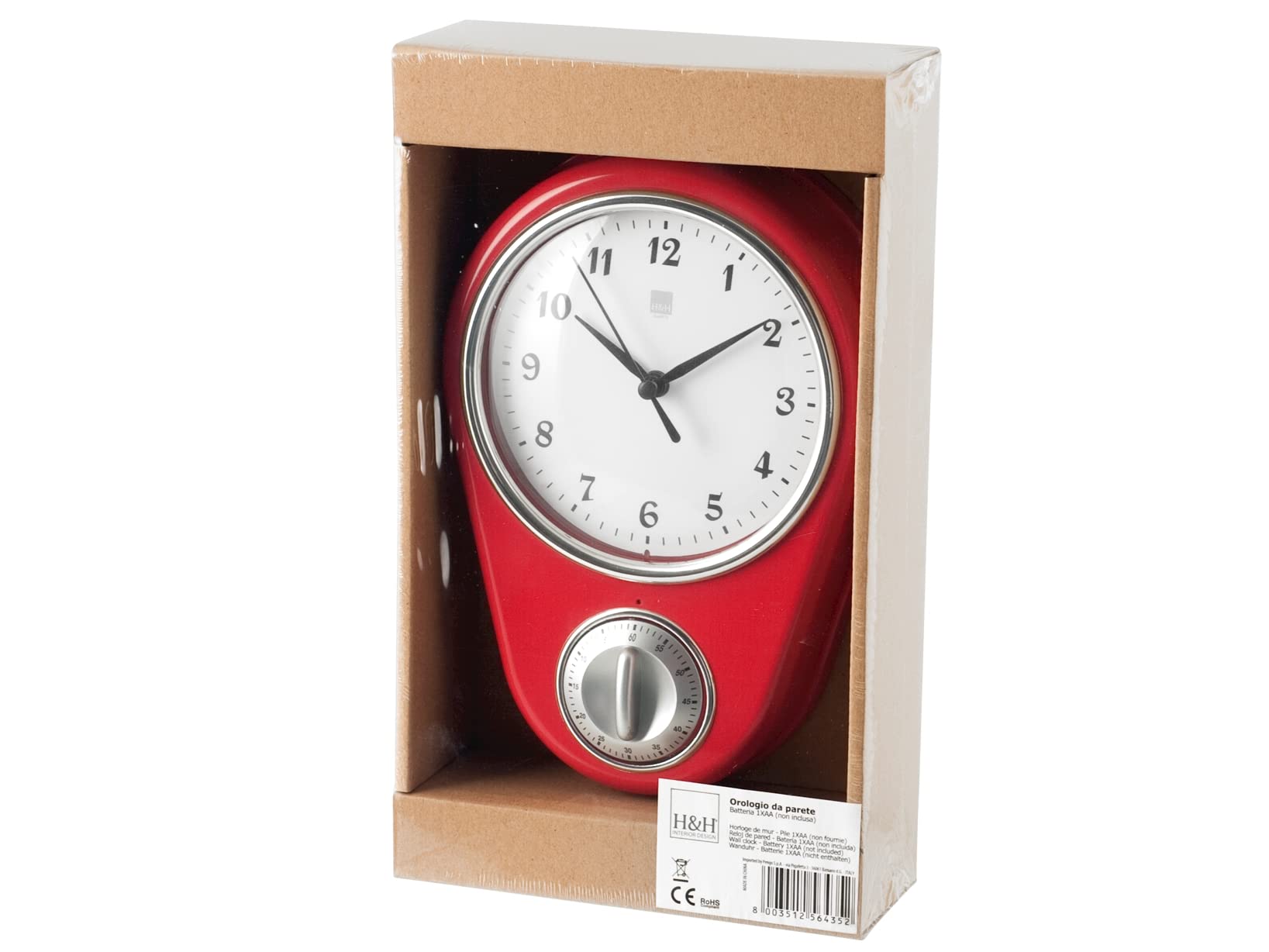 Orologio Da Parete H&H Formato 21x31 Cm - Design Sagomato In Plastica Bianca E Rosso