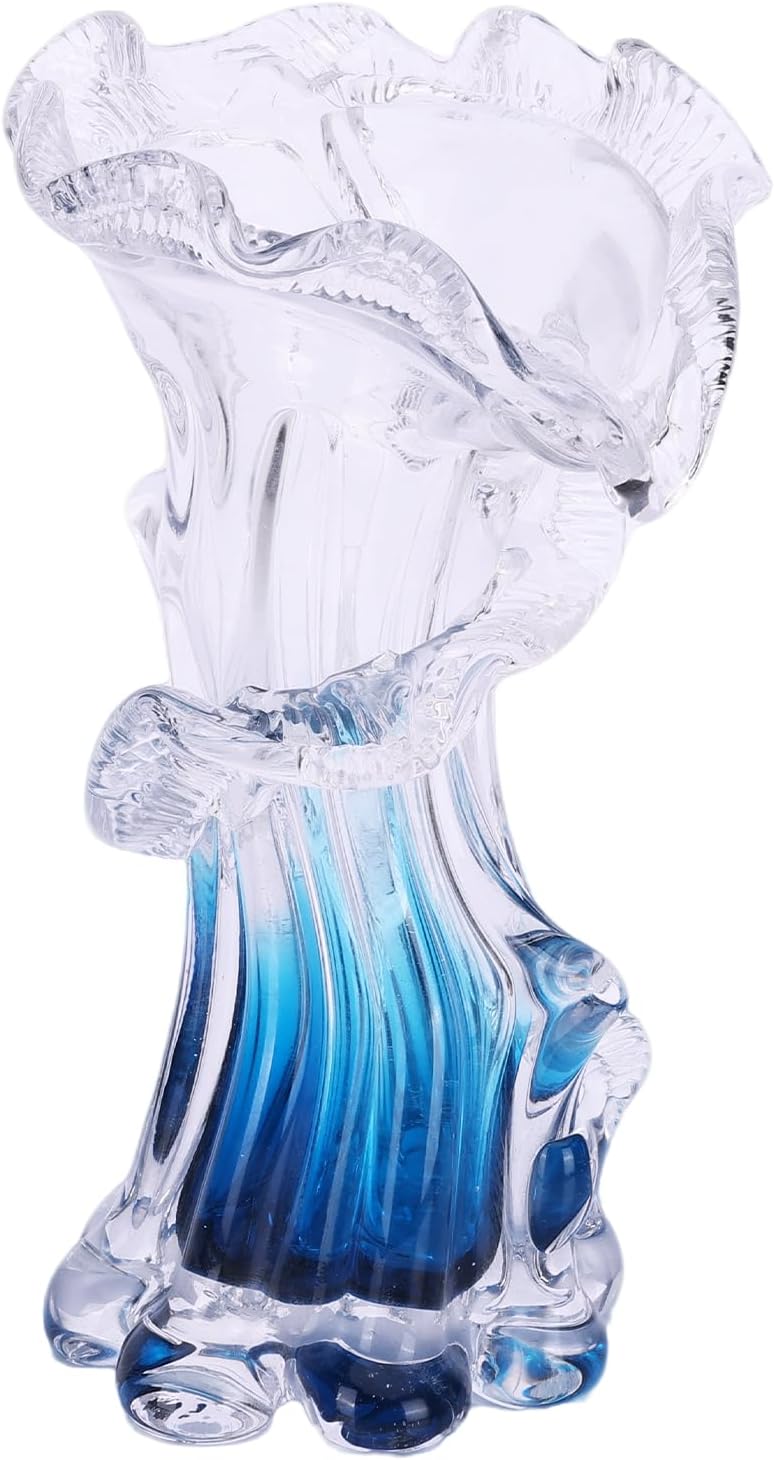 Unique Hand Blown Blue Glass Vase - Artistic Blue Gradient Flower Vase for Home Decor, Centerpieces & Office Shelf