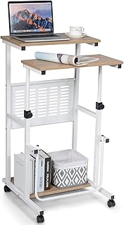 CASART Adjustable Computer Desk, Sit-Stand Laptop Workstation with Keyboard Tray, Bottom Shelf & Casters, Study PC Table for Home Office