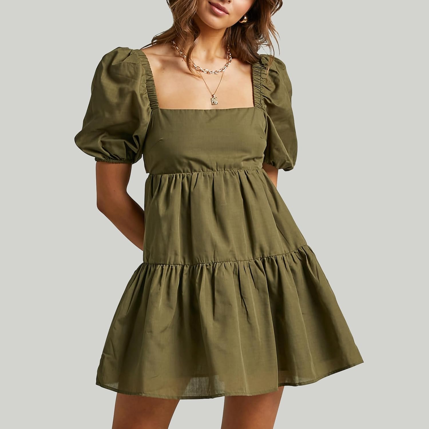 OWNGIGI Women's Summer Dress Square Neck Puffy Short Sleeve Loose Tie Back Casual A-Line Mini Dresses - Image 2