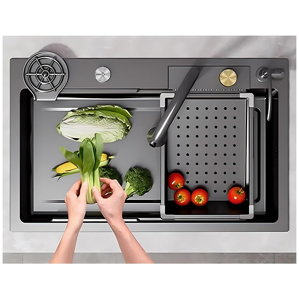 ZQFHSX Large Waterfall Kitchen Sink with Pull-Out Faucet, Cup Washer, Drain Knob & Kits, Stainless Steel Workstation Sink, Black Gray Single Bowl Bar Sink(80x45x21cm)