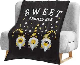 Kids Throw Blanket, Cartoon Sweet Gnomes Bee Yellow Black Stripe Daisy Black Soft Fleece Blanket Kids Bedding Lightweight Bed Flannel Blanket for Girl Boys Toddler, 30x40 Inch