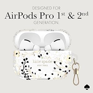 kate spade new york AirPods Pro Protective Case with Keychain Ring - Multi Floral Black and White, Compatible with AirPods Pro 2nd / 1st Generation