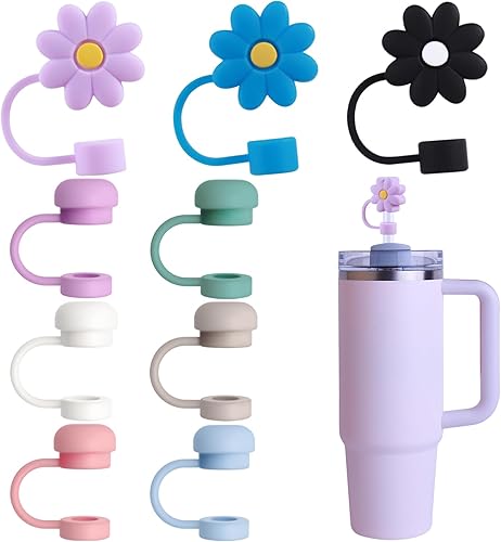 GLAMFIELDS 9 tapas de popote para Stanley Cup 30 40 onzas, 0.4 pulgadas 0.394 in, cubiertas de paja de flores reutilizables de silicona suave para