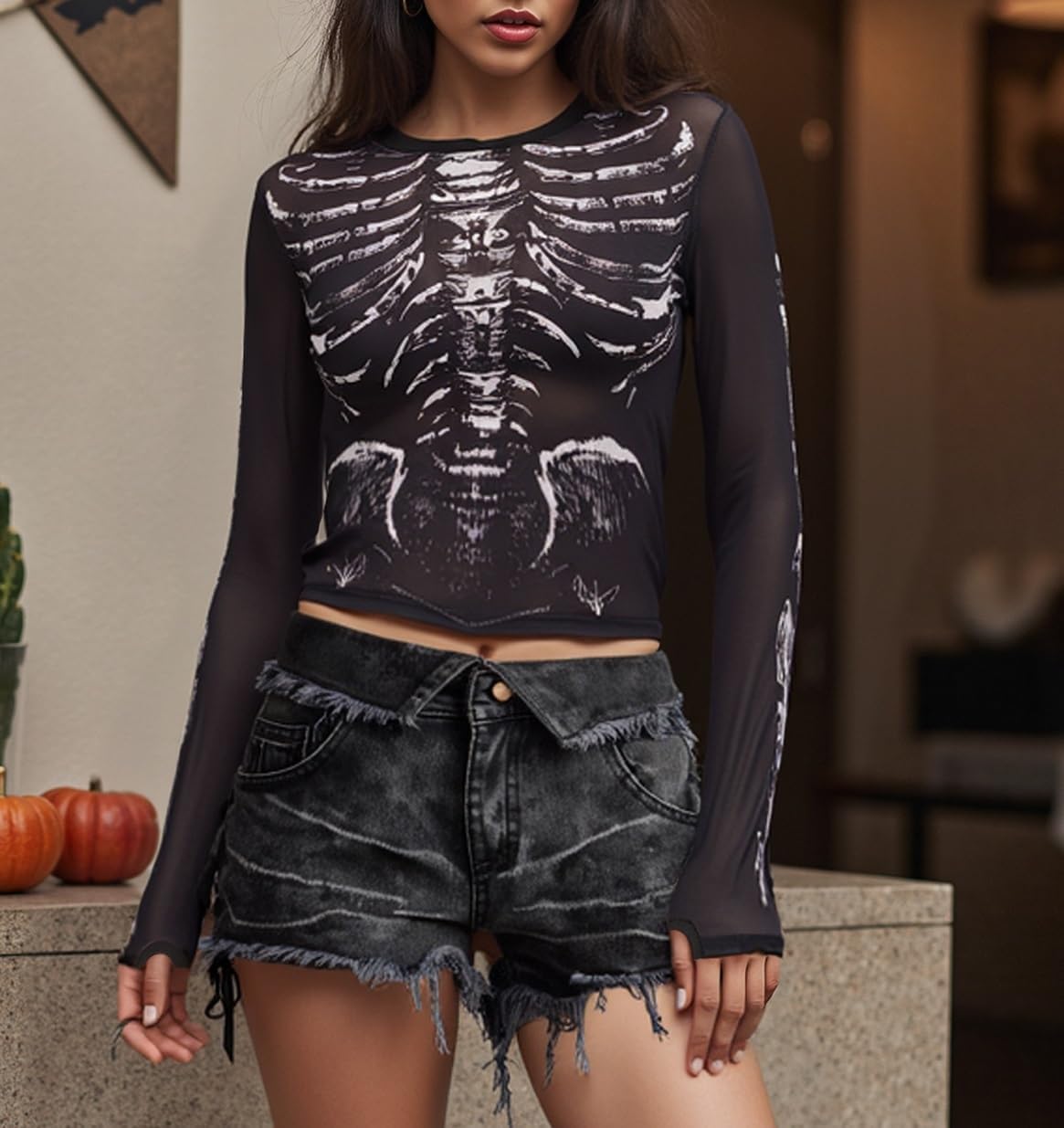 Adoeren Women Skeleton Print Mesh Shirt Gothic Graphic See Through Long Sleeve Crop Tee Blouse Slim Fit Sheer Top Party - Image 5